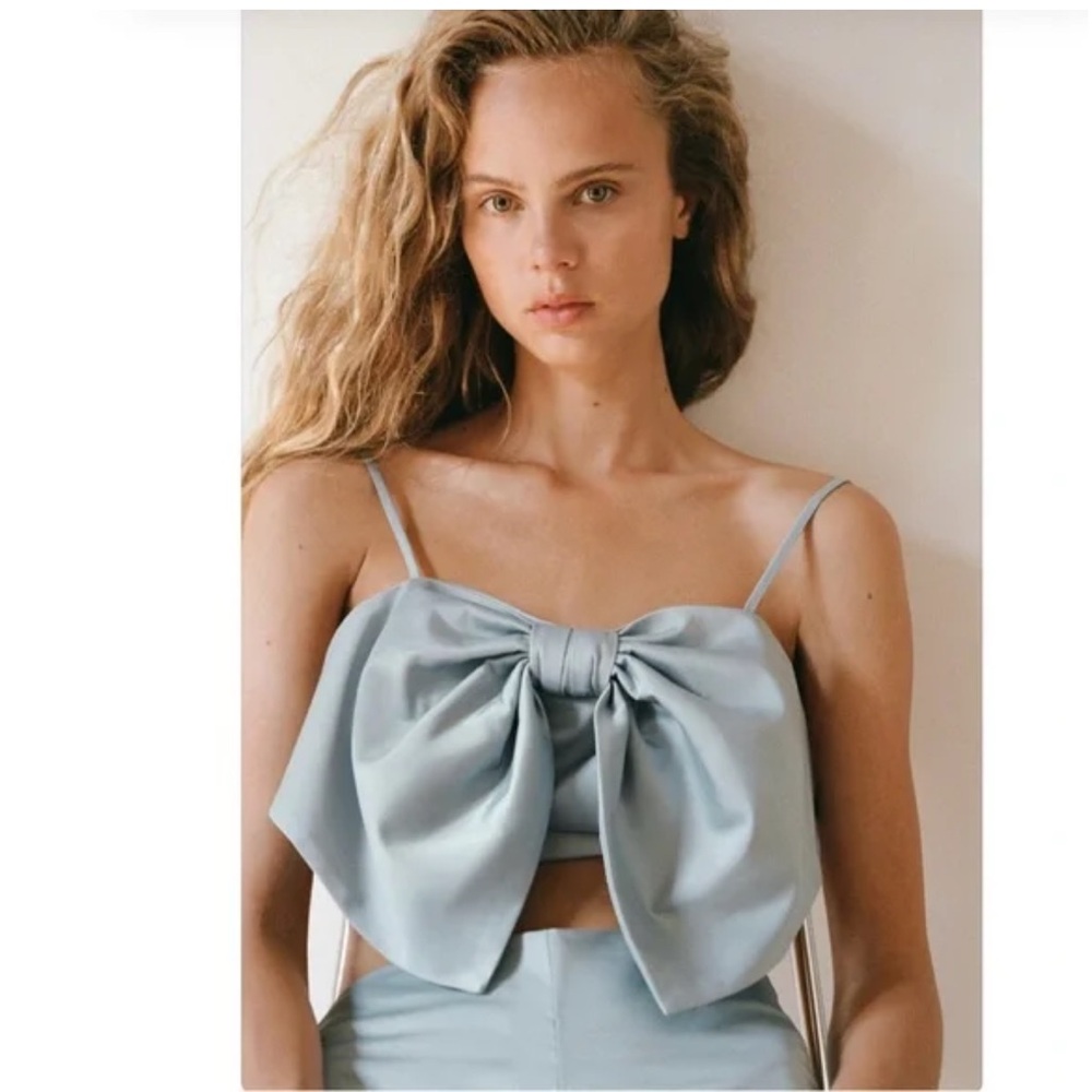 Zara Satin Baby Blue Bow Top Size Small